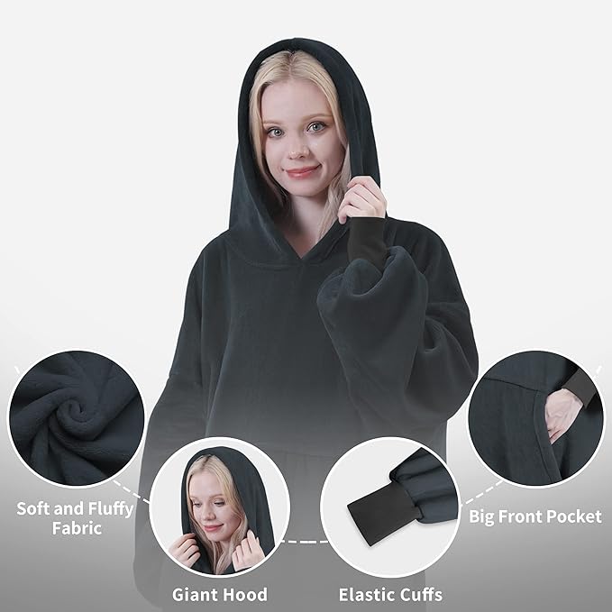 Easy-Going Oversized Flannel Wearable Blanket Hoodie for Adults, One Size Fits All