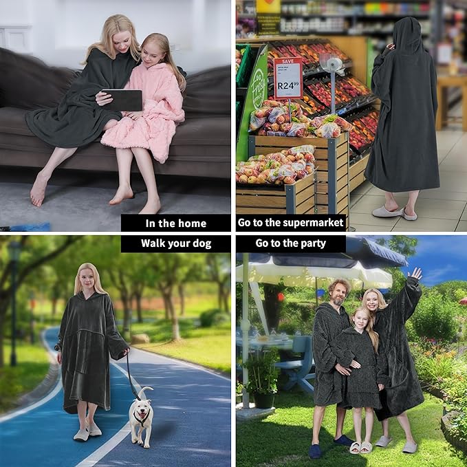 Easy-Going Oversized Flannel Wearable Blanket Hoodie for Adults, One Size Fits All